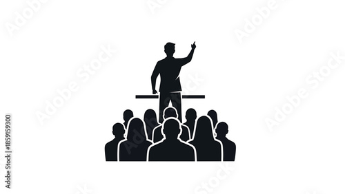 A black silhouette illustration of a person speaking to a crowd. The speaker stands on a platform with arm raised. The audience is in the foreground
