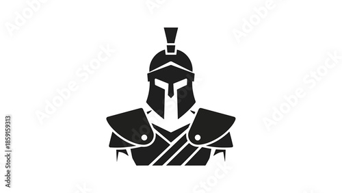 A black silhouette illustration of a warrior figure wearing a helmet and armor. The design is a simple and stylized outline