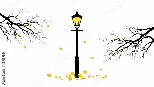 A black silhouette of a classic streetlamp glows in the center. Bare branches extend from sides, golden leaves scattered