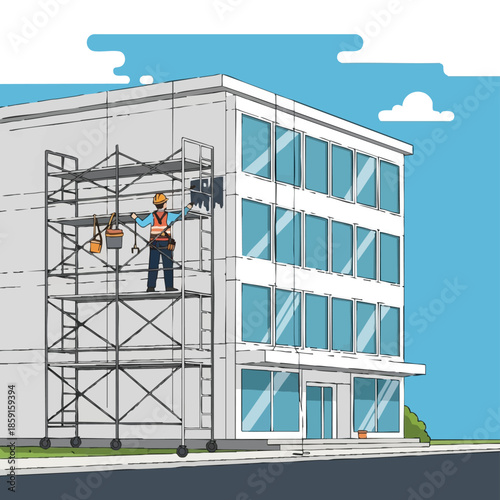 Construction worker on scaffolding near modern office building.