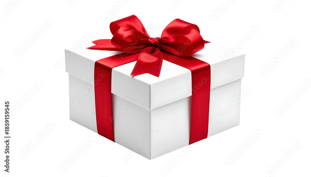 Obraz premium White Gift Box with Red Ribbon and Bow, Isolated on Black for Celebratory Occasions and Giving