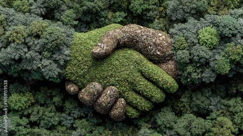 Aerial View Symbolic Moss and Soil Handshake over Green Forest Concept