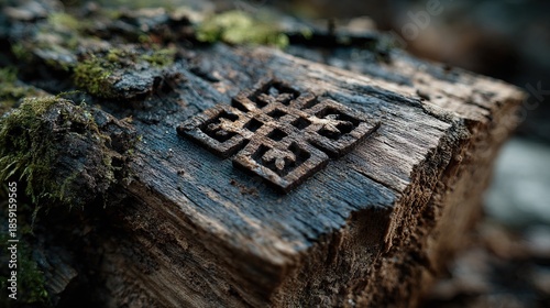 Rustic Detailed Endless Knot Wooden Carving on Weathered Log Surface