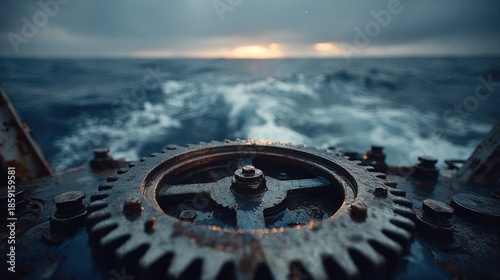Atmospheric Close Up of Rusty Gear Mechanism at Sea on a Boat