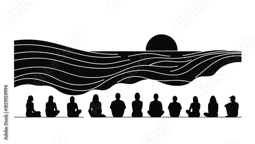 Diverse group meditates in silhouette at sunrise over serene water