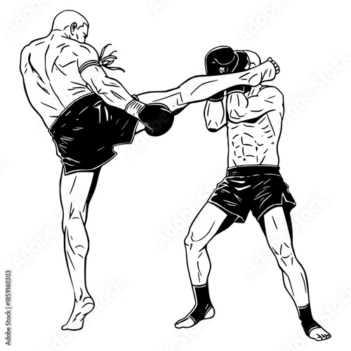 Dynamic black white line art illustration of a Muay Thai fighter delivering a powerful head kick to an opponent during a match.