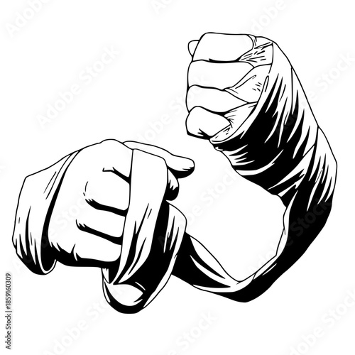 Black line art of a fighter's hands protected by professional athletic wraps. Symbol for preparation, grit, and discipline in boxing, MMA, and Muay Thai.