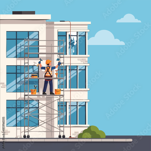Construction Worker on Scaffolding Cleaning Building Windows.