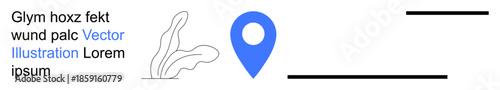 Navigation, online maps, travel planning, digital display, abstract design, location guide. Blue marker with text and leaf sketches. Navigation and online maps concept