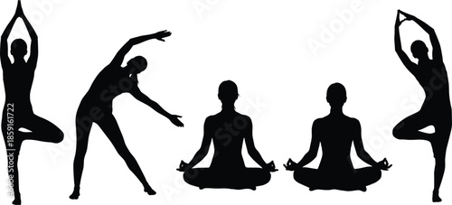 Large collection of black cat silhouettes, people sitting, walking line art, Santa Claus head, and women practicing yoga poses, vector illustration set on white. (Exactly 24 words)