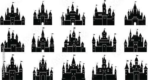 Large vector illustration collection featuring black cat silhouettes, yoga poses, sitting people, marine life like whales and sharks, mushrooms, and medieval castle silhouettes. (Exactly 24 words)