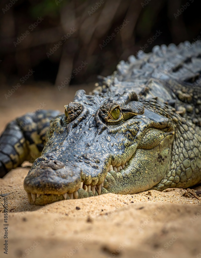 Fototapeta premium Close-up of a reptile with rough, textured skin resting in the sand