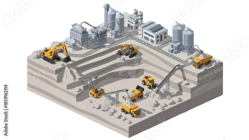 An isometric vector illustration of an open-pit  a limestone quarry mining site operation