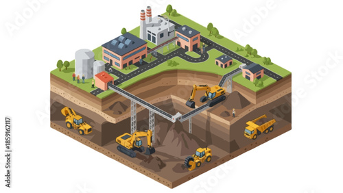 An isometric vector illustration of an open-pit mining site operation