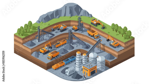 An isometric vector illustration of an open-pit mining site operation
