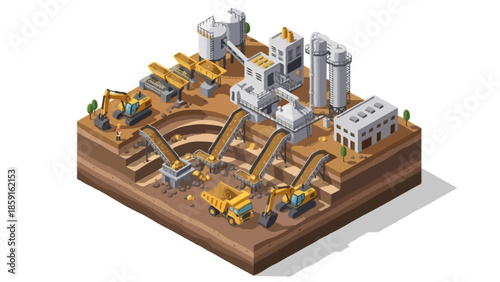 An isometric vector illustration of an open-pit gold mining site operation