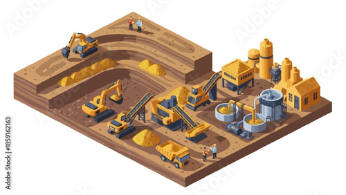 An isometric vector illustration of an open-pit gold mining site operation