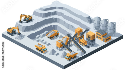 An isometric vector illustration of an open-pit  a limestone quarry mining site operation