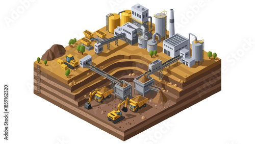 An isometric vector illustration of an open-pit gold mining site operation