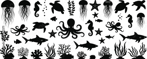 Massive vector illustration collection featuring black cat silhouettes, yoga poses, sitting people, marine life, 