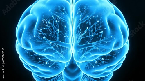 Glowing human brain rotating, zoom into neurons and synapses neural network animation
