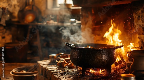 Cauldron boils over glowing fire in a rustic hearth. Smoke rises, pots line background