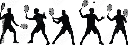 Tennis player silhouette action poses set, professional racket sport movements, serve forehand backhand smash practice, isolated black vector illustration on white background