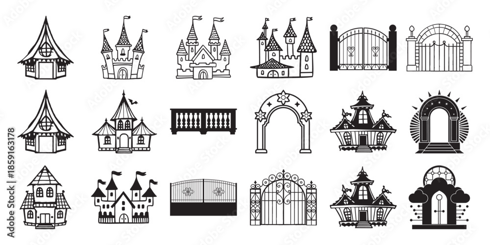 Fototapeta premium Collection of black and white fantasy buildings castles gates and arches