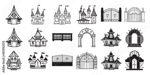 Collection of black and white fantasy buildings castles gates and arches