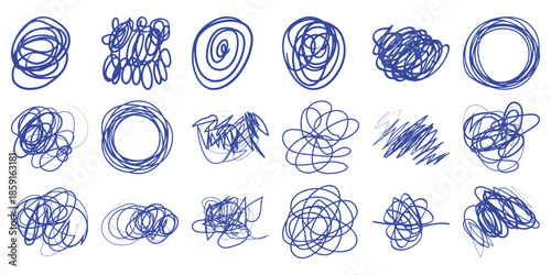 Collection of blue scribbled abstract shapes and lines white scribbles