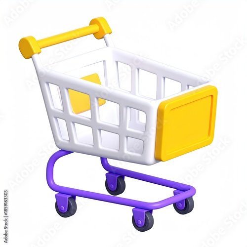 A 3D rendered shopping cart with bright yellow and purple accents