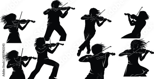 Violinist musician silhouettes set vector illustration, expressive violin players performing classical music poses, artistic orchestra string instrument characters  background