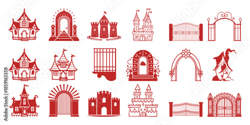 Collection of red fairytale castles gates arches and a witch house building architecture