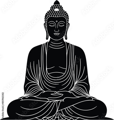 Black silhouette vector illustration of the Buddha, seated in a lotus position, representing meditation, peace, spirituality, and religious harmony on a white background.