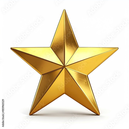 A realistic, shiny, gold five-pointed star, centered on a white background