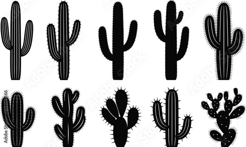 Black cactus silhouette vector illustration set, desert plant collection, minimal botanical shapes, spiky succulents, decorative flora design, nature elements, isolated icons