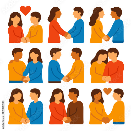 Diverse couples holding hands icon representing love and unity. Suitable for wedding invitations, relationship blogs, and diversity campaigns visuals.