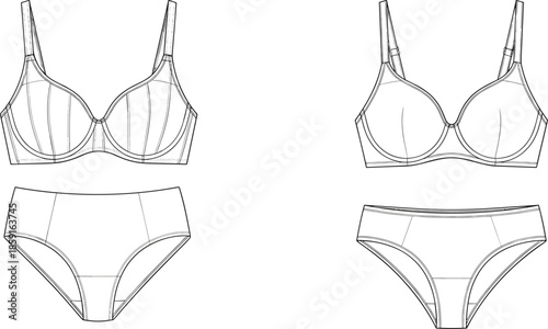 Women lingerie set technical fashion flats, bra and panty front back views underwear apparel design cad drawing flat vector illustration