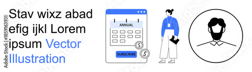 Subscription services, annual plans, budgeting, online platforms, user profiles, digital solutions. Digital calendar, avatar and businesswoman with clipboard. Subscription services and annual plans