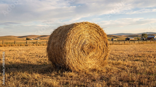 Large Hay Bale in Rural Field Agriculture Concept