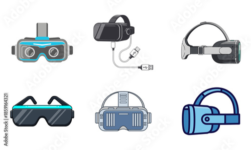 Diverse collection of virtual reality and augmented reality headsets and smart glasses icons