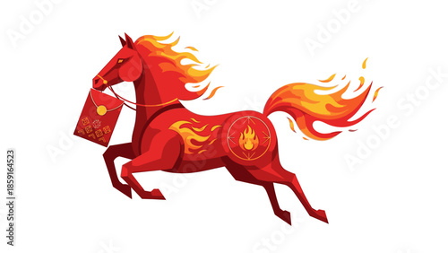 Illustration of a fire horse holding red envelopes with flames, symbolizing Chinese New Year 2026, against a clean white background with vibrant, fiery tones.