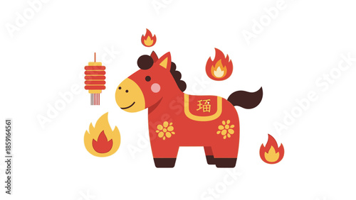 Illustration of a red fire horse with flames and red envelopes, symbolizing Chinese New Year 2026, on a clean white background with vibrant, warm tones.