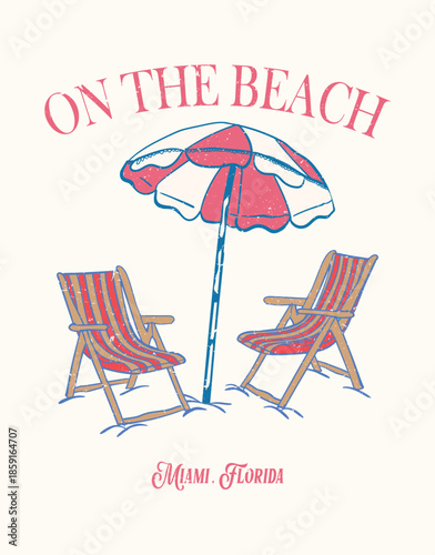 Retro Miami Beach Scene  Vintage Summer Vacation Vector illustration with Umbrella and Chairs