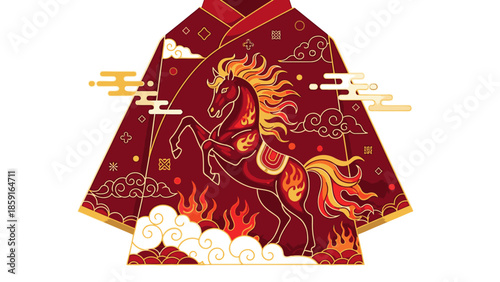 Illustration of a red envelope with a fire horse design for Chinese New Year 2026 celebrations on a white background with a mix of gold and orange details.
