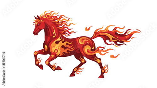 Illustration of a fire horse with flowing mane and tail, symbolizing Chinese New Year 2026, with red envelopes in the background, against a clean white backdrop.