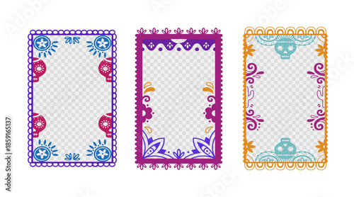 Mexican frame set with traditional day of the dead motifs - colorful borders with skull patterns, floral elements and decorative ornaments. Latino fiesta design with ethnic folk art for invitations.
