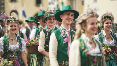 Young women and men in traditional bavarian or austrian dirndl and lederhosen attire participating in a festive parade or cultural event outdoors on a sunny day, 4k video
