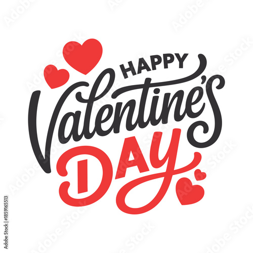 Elegant Happy Valentine's Day Typography with Vibrant Red Hearts Illustration