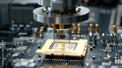 Closeup of quantum computer chip testing with microprobes on a dark circuit board, 4k video
